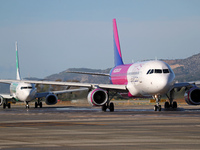 An Airbus A320-232 from Wizz Air is on the runway ready to take off from Barcelona airport in Barcelona, Spain, on October 8, 2024. (