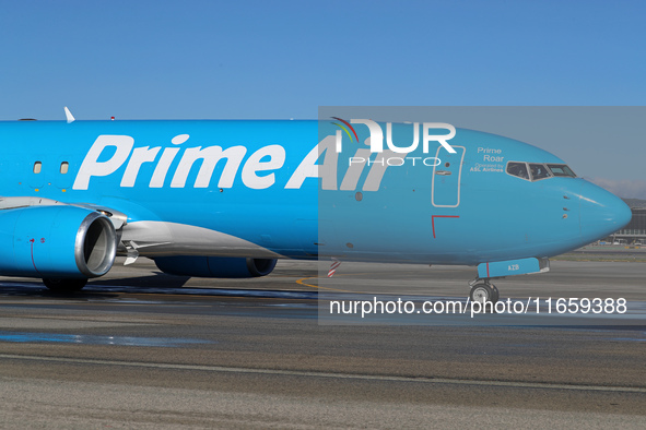 A Boeing 737-8AS(SF) from Amazon Air is on the runway ready to take off from Barcelona airport in Barcelona, Spain, on October 8, 2024. 