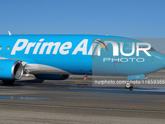 A Boeing 737-8AS(SF) from Amazon Air is on the runway ready to take off from Barcelona airport in Barcelona, Spain, on October 8, 2024. (