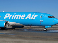 A Boeing 737-8AS(SF) from Amazon Air is on the runway ready to take off from Barcelona airport in Barcelona, Spain, on October 8, 2024. (