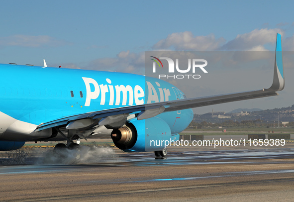 A Boeing 737-8AS(SF) from Amazon Air is on the runway ready to take off from Barcelona airport in Barcelona, Spain, on October 8, 2024. 