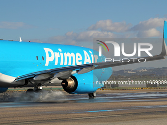 A Boeing 737-8AS(SF) from Amazon Air is on the runway ready to take off from Barcelona airport in Barcelona, Spain, on October 8, 2024. (