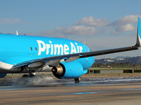 A Boeing 737-8AS(SF) from Amazon Air is on the runway ready to take off from Barcelona airport in Barcelona, Spain, on October 8, 2024. (