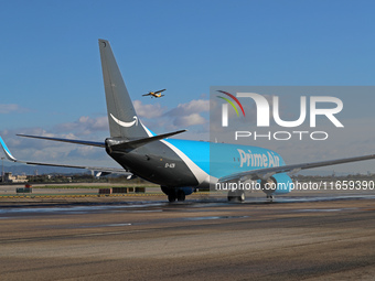 A Boeing 737-8AS(SF) from Amazon Air is on the runway ready to take off from Barcelona airport in Barcelona, Spain, on October 8, 2024. (