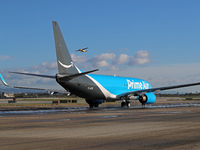 A Boeing 737-8AS(SF) from Amazon Air is on the runway ready to take off from Barcelona airport in Barcelona, Spain, on October 8, 2024. (