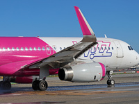 An Airbus A320-232 from Wizz Air is on the runway ready to take off from Barcelona airport in Barcelona, Spain, on October 8, 2024. (