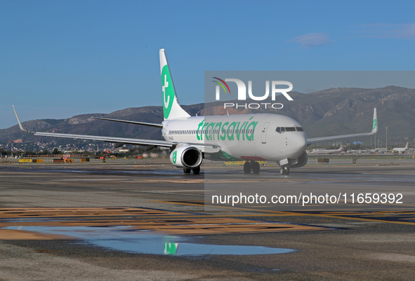 A Boeing 737-8K2 from Transavia is on the runway ready to take off from Barcelona airport in Barcelona, Spain, on October 8, 2024. 