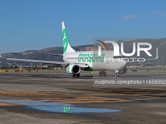 A Boeing 737-8K2 from Transavia is on the runway ready to take off from Barcelona airport in Barcelona, Spain, on October 8, 2024. (