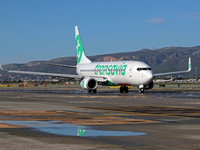 A Boeing 737-8K2 from Transavia is on the runway ready to take off from Barcelona airport in Barcelona, Spain, on October 8, 2024. (