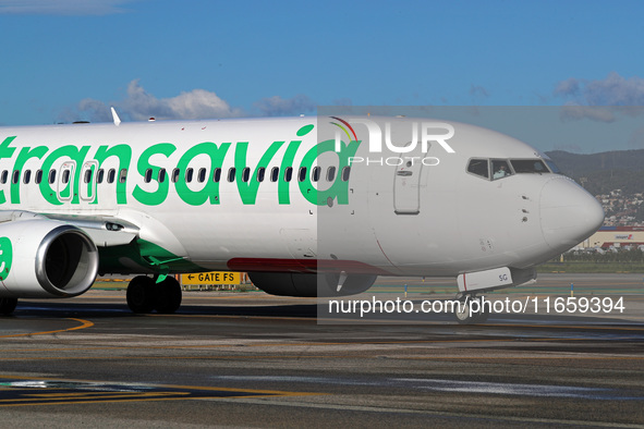 A Boeing 737-8K2 from Transavia is on the runway ready to take off from Barcelona airport in Barcelona, Spain, on October 8, 2024. 