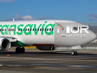 A Boeing 737-8K2 from Transavia is on the runway ready to take off from Barcelona airport in Barcelona, Spain, on October 8, 2024. (