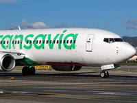 A Boeing 737-8K2 from Transavia is on the runway ready to take off from Barcelona airport in Barcelona, Spain, on October 8, 2024. (