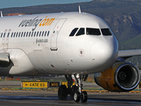 An Airbus A320-232 from Vueling is on the runway ready to take off from Barcelona airport in Barcelona, Spain, on October 8, 2024. (