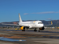 An Airbus A320-232 from Vueling is on the runway ready to take off from Barcelona airport in Barcelona, Spain, on October 8, 2024. (