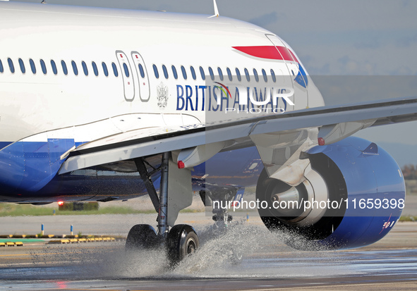 An Airbus A320-251N from British Airways is on the runway ready to take off from Barcelona airport in Barcelona, Spain, on October 8, 2024. 