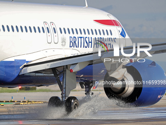 An Airbus A320-251N from British Airways is on the runway ready to take off from Barcelona airport in Barcelona, Spain, on October 8, 2024....