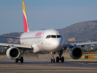 An Airbus A320-214 from Iberia is on the runway ready to take off from Barcelona airport in Barcelona, Spain, on October 8, 2024. (