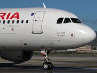 An Airbus A320-214 from Iberia is on the runway ready to take off from Barcelona airport in Barcelona, Spain, on October 8, 2024. (