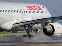 An Airbus A320-214 from Iberia is on the runway ready to take off from Barcelona airport in Barcelona, Spain, on October 8, 2024. (