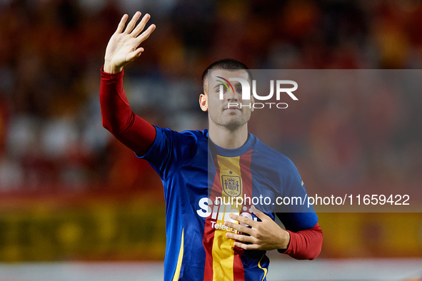 Alvaro Morata of Spain waves his hand to the crowd before the UEFA Nations League group D game between Spain and Denmark at Enrique Roca sta...