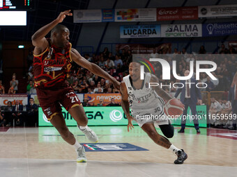 Matt Morgan of Virtus Bologna plays against Mfiondo Kabangele of Umana Reyer during the Italian LBA basketball championship match between Um...