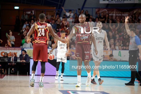 Umana Reyer's Mfiondo Kabangele and Umana Reyer's Carl Wheatle participate in the Italian LBA basketball championship match between Umana Re...