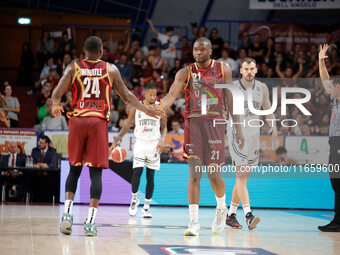 Umana Reyer's Mfiondo Kabangele and Umana Reyer's Carl Wheatle participate in the Italian LBA basketball championship match between Umana Re...