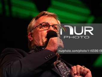 Hape Kerkeling, a German author, appears on the stage of the theater of Tanzbrunnen in Cologne, Germany, on October 12, 2024, during the lit...