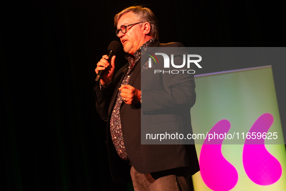 Hape Kerkeling, a German author, appears on the stage of the theater of Tanzbrunnen in Cologne, Germany, on October 12, 2024, during the lit...