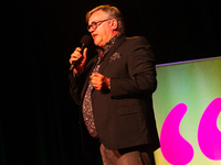 Hape Kerkeling, a German author, appears on the stage of the theater of Tanzbrunnen in Cologne, Germany, on October 12, 2024, during the lit...