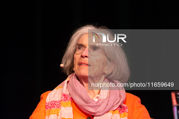 Donna Leon, an American author, is on the stage of the theater of Tanzbrunnen in Cologne, Germany, on October 12, 2024, during the lit.colog...