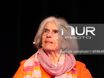 Donna Leon, an American author, is on the stage of the theater of Tanzbrunnen in Cologne, Germany, on October 12, 2024, during the lit.colog...