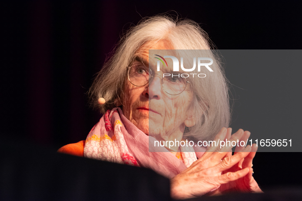 Donna Leon, an American author, is on the stage of the theater of Tanzbrunnen in Cologne, Germany, on October 12, 2024, during the lit.colog...