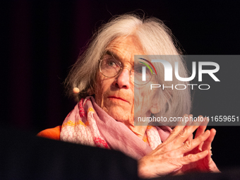 Donna Leon, an American author, is on the stage of the theater of Tanzbrunnen in Cologne, Germany, on October 12, 2024, during the lit.colog...