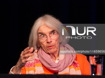 Donna Leon, an American author, is seen on the stage of the theater of Tanzbrunnen in Cologne, Germany, on October 12, 2024, during the lit....