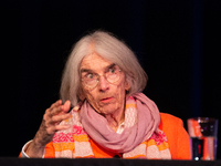 Donna Leon, an American author, is seen on the stage of the theater of Tanzbrunnen in Cologne, Germany, on October 12, 2024, during the lit....