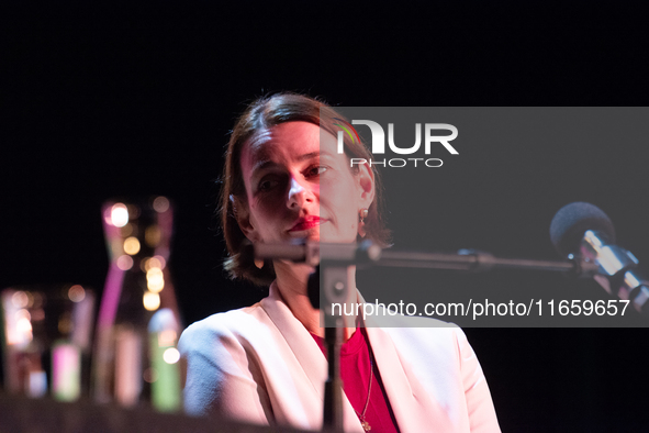 Annett Renneberg, a German actress, is on the stage of the theater of Tanzbrunnen in Cologne, Germany, on October 12, 2024, during the lit.c...