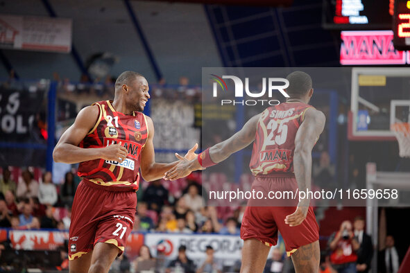 Umana Reyer's Mfiondo Kabangele and Umana Reyer's Davide Moretti participate in the Italian LBA basketball championship match between Umana...