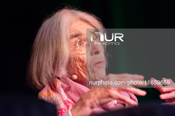 Donna Leon, an American author, is seen on the stage of the theater of Tanzbrunnen in Cologne, Germany, on October 12, 2024, during the lit....