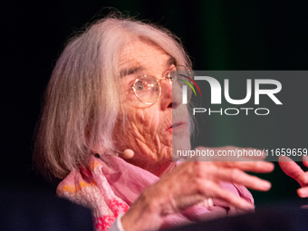 Donna Leon, an American author, is seen on the stage of the theater of Tanzbrunnen in Cologne, Germany, on October 12, 2024, during the lit....