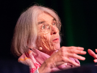 Donna Leon, an American author, is seen on the stage of the theater of Tanzbrunnen in Cologne, Germany, on October 12, 2024, during the lit....