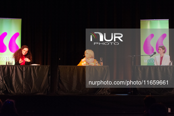 Shelly Kupferberg, a German journalist, Donna Leon, an American author, and Annett Renneberg, a German actress, are on the stage of the thea...