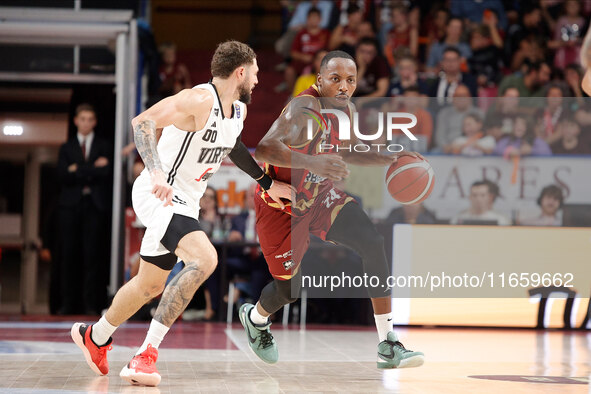 Umana Reyer's Carl Wheatle competes against Virtus Bologna's Isaia Cordinier during the Italian LBA basketball championship match between Um...