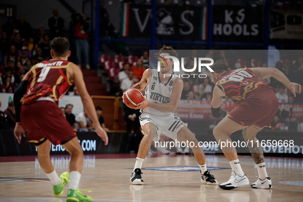 Alessandro Pajola of Virtus Bologna participates in the Italian LBA basketball championship match between Umana Reyer Venezia and Virtus Seg...