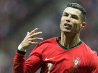 Cristiano Ronaldo , goal celebration during UEFA Nations League match Poland vs Portugal in Warsaw Poland on 12 October 2024. (