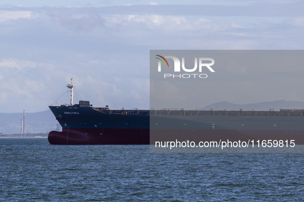 A cargo ship is seen near Lisbon, Portugal, on October 12, 2024. Russian missile strikes on Ukrainian ports this week kill at least 10 peopl...