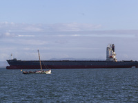 A cargo ship is seen near Lisbon, Portugal, on October 12, 2024. Russian missile strikes on Ukrainian ports this week kill at least 10 peopl...