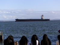 A cargo ship is seen near Lisbon, Portugal, on October 12, 2024. Russian missile strikes on Ukrainian ports this week kill at least 10 peopl...