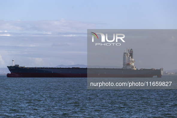 A cargo ship is seen near Lisbon, Portugal, on October 12, 2024. Russian missile strikes on Ukrainian ports this week kill at least 10 peopl...