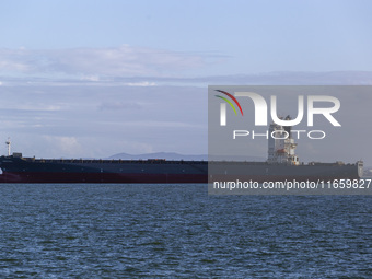 A cargo ship is seen near Lisbon, Portugal, on October 12, 2024. Russian missile strikes on Ukrainian ports this week kill at least 10 peopl...